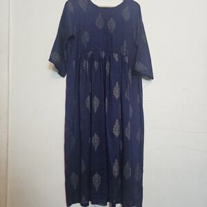 Indian Women Cotton Blue Green Leaf Printed Flared Kurta Kurti Long Dress XL